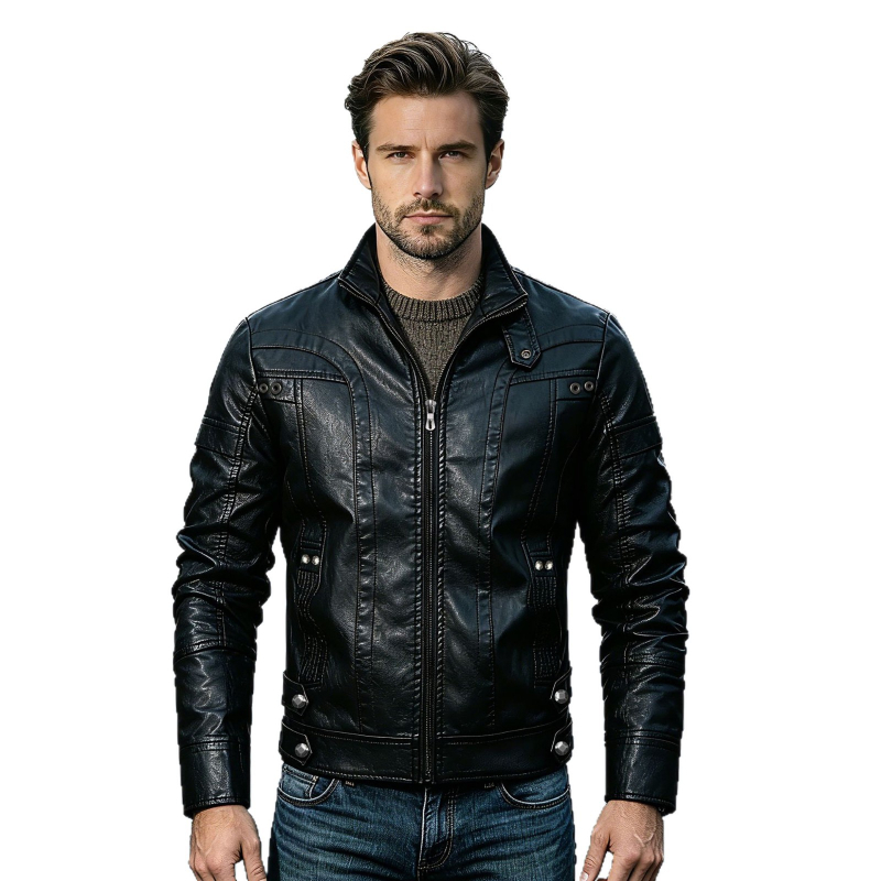 Geacă bărbați din PU - piele sintetică de înaltă calitate, guler înalt, fermoar, culoare solidă, croi Slim, stil de toamnă, inspirație retro.
