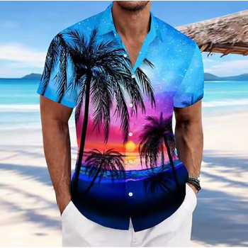 Hawaii-stílusú férfi rövid ujjú ing, tropikus mintával, strand casual kardigán galléval