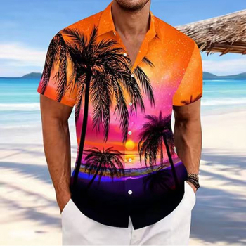 Hawaii-stílusú férfi rövid ujjú ing, tropikus mintával, strand casual kardigán galléval