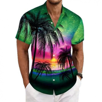 Hawaii-stílusú férfi rövid ujjú ing, tropikus mintával, strand casual kardigán galléval