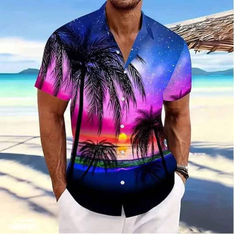 Hawaii-stílusú férfi rövid ujjú ing, tropikus mintával, strand casual kardigán galléval