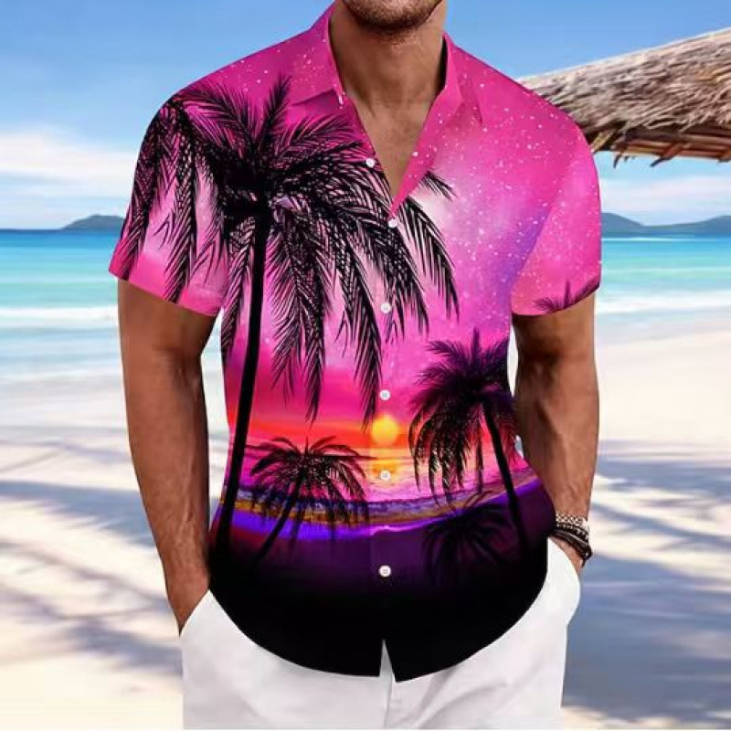 Hawaii-stílusú férfi rövid ujjú ing, tropikus mintával, strand casual kardigán galléval