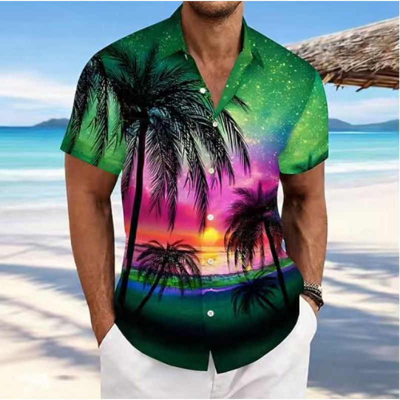 Hawaii-stílusú férfi rövid ujjú ing, tropikus mintával, strand casual kardigán galléval