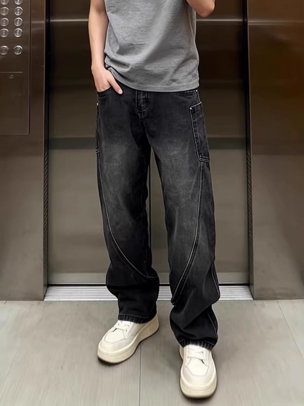 Blugi denim albastru spălat pentru bărbați, croială slim, tiv curbat, stil primăvară casual.