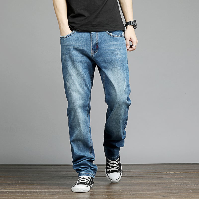 Blugi denim pentru bărbați, mărime mare, croială dreaptă, talie medie, denim spălat