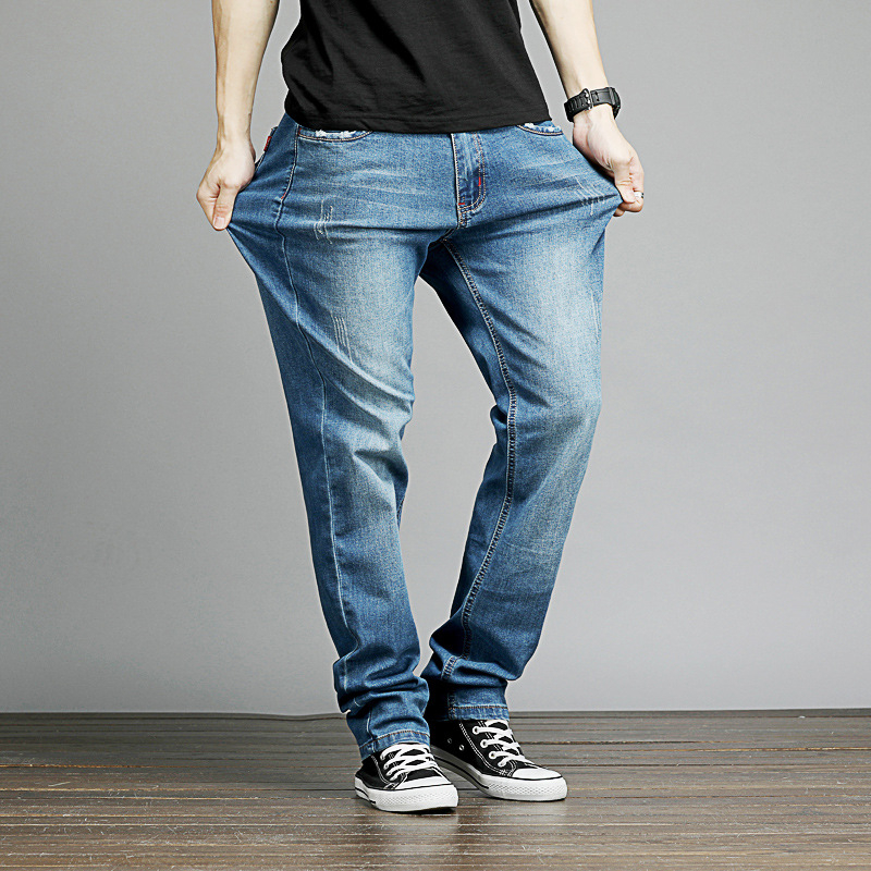 Blugi denim pentru bărbați, mărime mare, croială dreaptă, talie medie, denim spălat