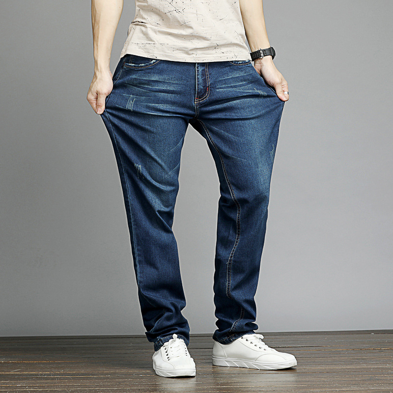 Blugi denim pentru bărbați, mărime mare, croială dreaptă, talie medie, denim spălat
