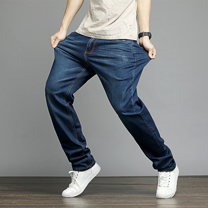 Blugi denim pentru bărbați, mărime mare, croială dreaptă, talie medie, denim spălat