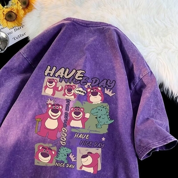 Férfi pamut rövid ujjú póló, amerikai stílus, mosott hatás, rajzfilmnyomtatás, laza szabás, nyári felső