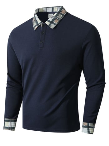 Férfi légáteresztő galléros polo, hosszú ujjú, kockás mintázat, őszi szabadtéri casual viselet