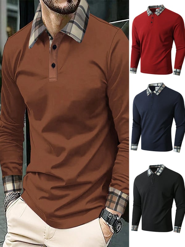 Férfi légáteresztő galléros polo, hosszú ujjú, kockás mintázat, őszi szabadtéri casual viselet