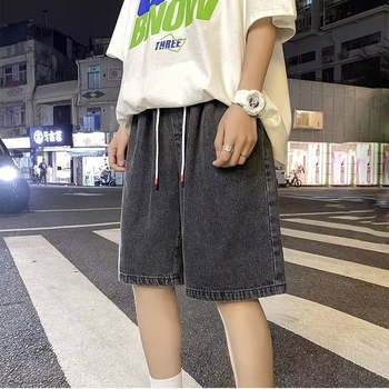 Șorturi denim pentru bărbați, vară, stil urban în tendințe, croială lejeră, lungime medie, cu buzunare.