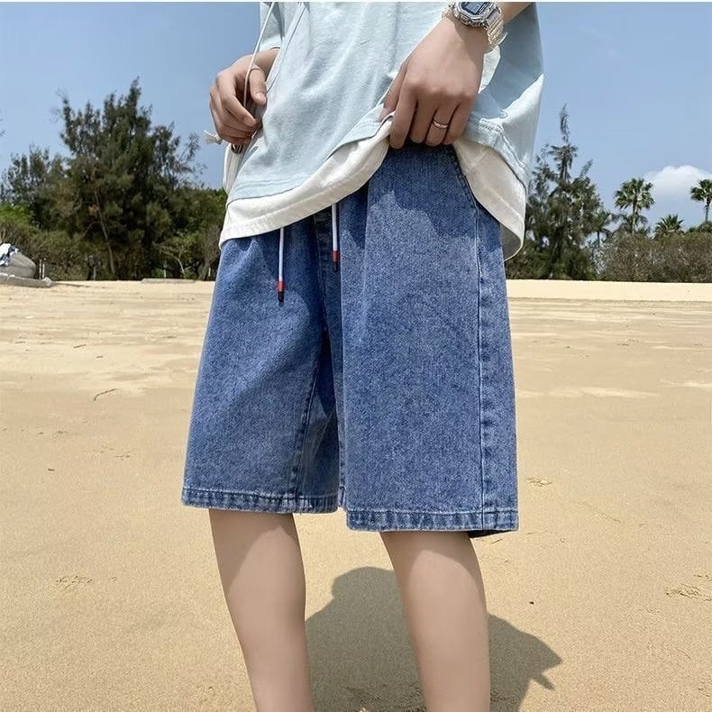 Șorturi denim pentru bărbați, vară, stil urban în tendințe, croială lejeră, lungime medie, cu buzunare.
