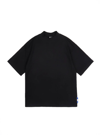 Yohji Yamamoto-stílusú férfi póló, félmagas gallér, laza szabás, rövid ujjú, ice-silk és pamut keveréke