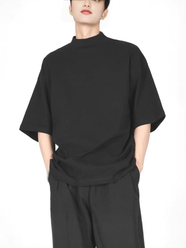 Yohji Yamamoto-stílusú férfi póló, félmagas gallér, laza szabás, rövid ujjú, ice-silk és pamut keveréke