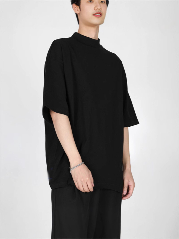 Yohji Yamamoto-stílusú férfi póló, félmagas gallér, laza szabás, rövid ujjú, ice-silk és pamut keveréke