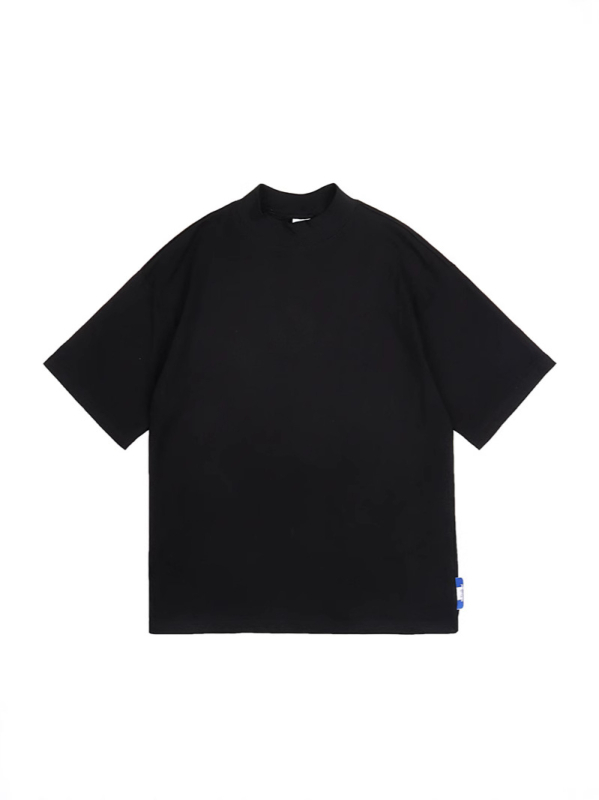 Yohji Yamamoto-stílusú férfi póló, félmagas gallér, laza szabás, rövid ujjú, ice-silk és pamut keveréke