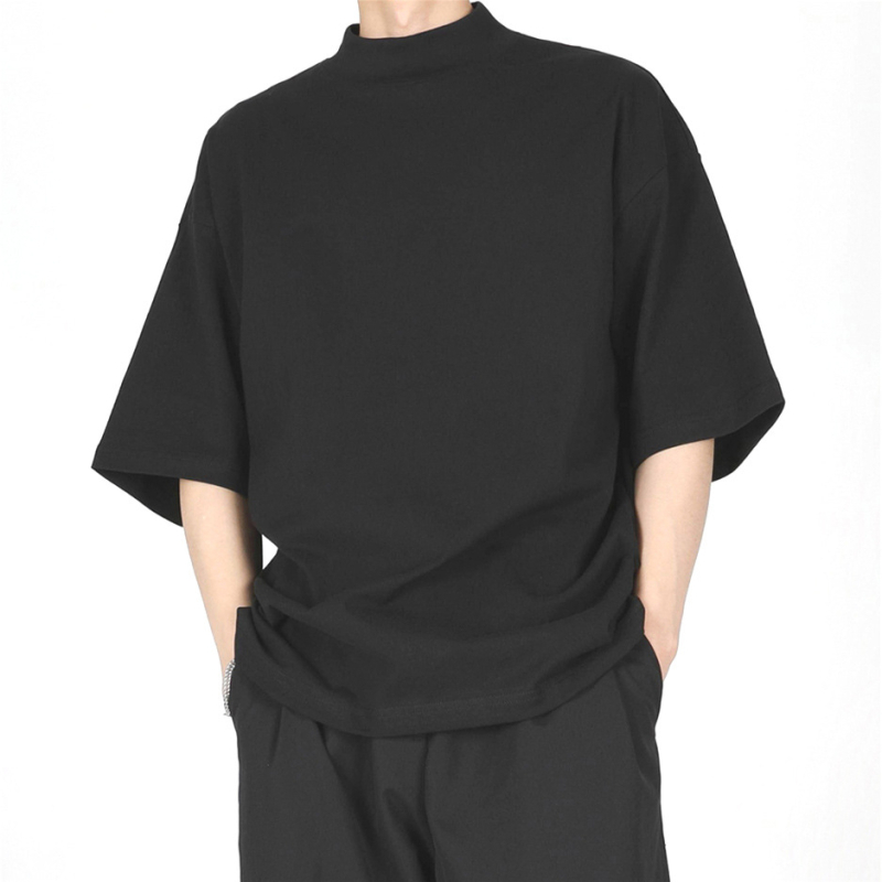Yohji Yamamoto-stílusú férfi póló, félmagas gallér, laza szabás, rövid ujjú, ice-silk és pamut keveréke