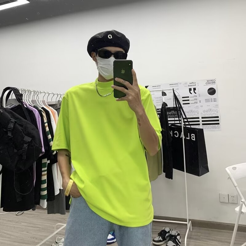 Yohji Yamamoto-stílusú férfi póló, félmagas gallér, laza szabás, rövid ujjú, ice-silk és pamut keveréke