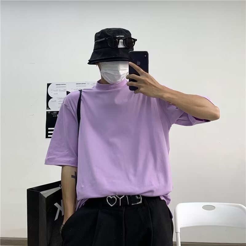 Yohji Yamamoto-stílusú férfi póló, félmagas gallér, laza szabás, rövid ujjú, ice-silk és pamut keveréke