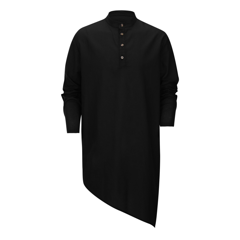 Cămașă de bărbați cu guler înalt, lungime medie, tiv asimetric, mâneci lungi largi, stil casual multicolor