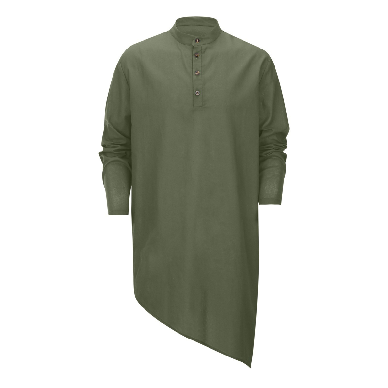 Cămașă de bărbați cu guler înalt, lungime medie, tiv asimetric, mâneci lungi largi, stil casual multicolor