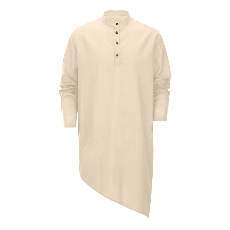 Cămașă de bărbați cu guler înalt, lungime medie, tiv asimetric, mâneci lungi largi, stil casual multicolor
