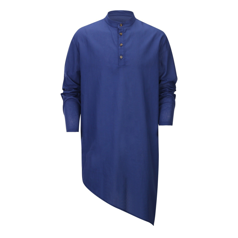 Cămașă de bărbați cu guler înalt, lungime medie, tiv asimetric, mâneci lungi largi, stil casual multicolor