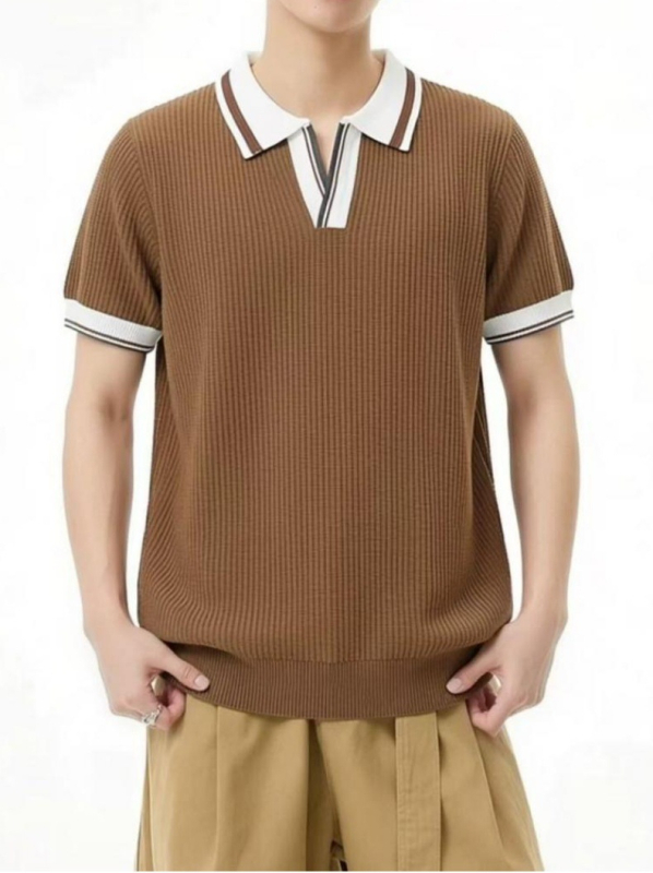 Férfi kötött polo, színblokkal, amerikai retro stílus, karcsú szabás, nyári viselet