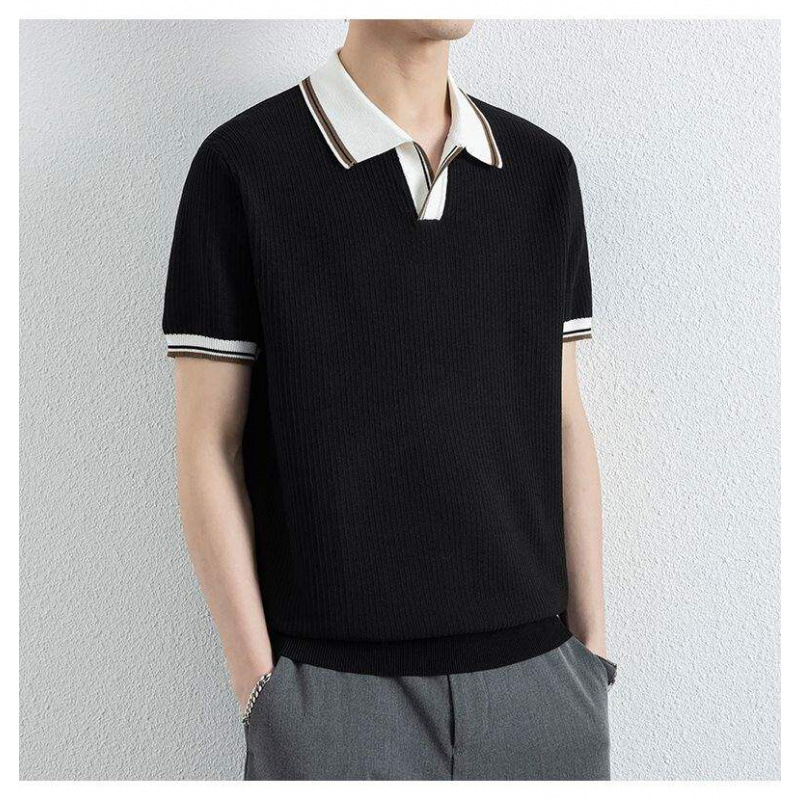 Férfi kötött polo, színblokkal, amerikai retro stílus, karcsú szabás, nyári viselet
