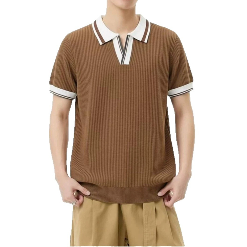 Férfi kötött polo, színblokkal, amerikai retro stílus, karcsú szabás, nyári viselet