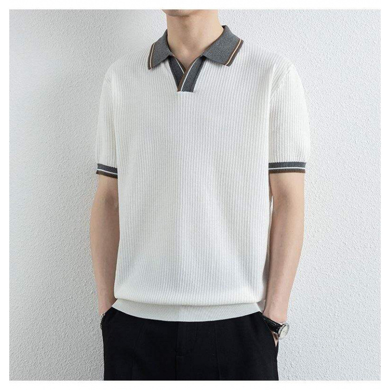 Férfi kötött polo, színblokkal, amerikai retro stílus, karcsú szabás, nyári viselet