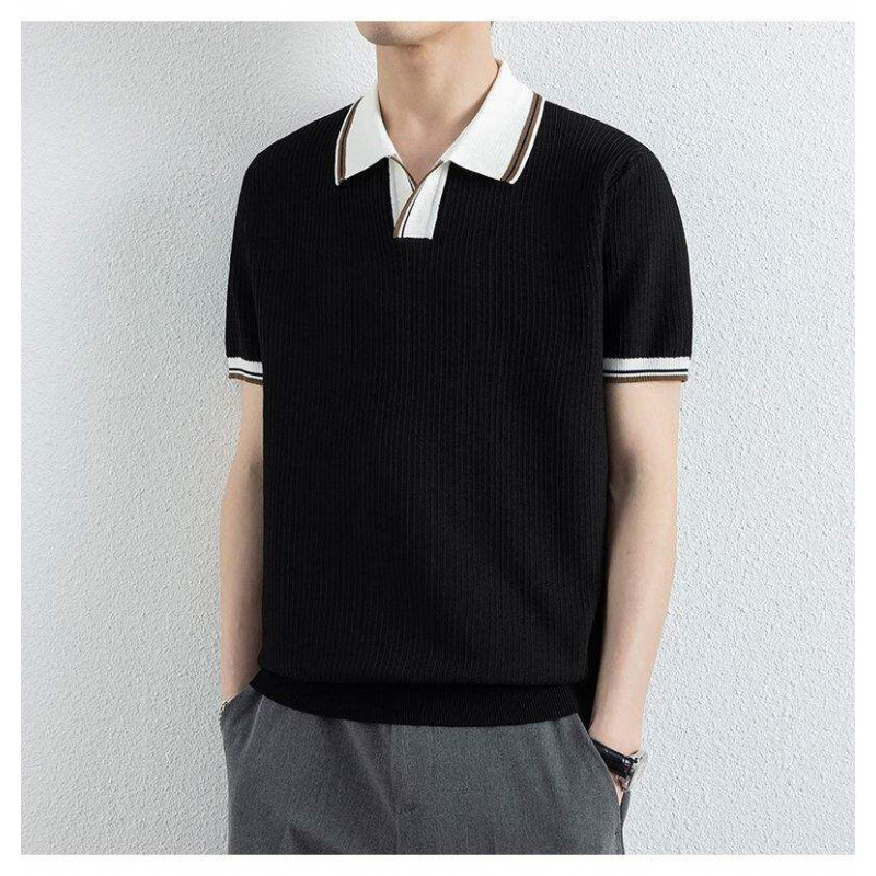 Férfi kötött polo, színblokkal, amerikai retro stílus, karcsú szabás, nyári viselet