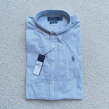 Camisa bărbătească în dungi, mâneci lungi, broderie cu logo ponei, guler cu nasturi, stil casual de afaceri