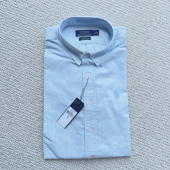 Camisa bărbătească în dungi, mâneci lungi, broderie cu logo ponei, guler cu nasturi, stil casual de afaceri