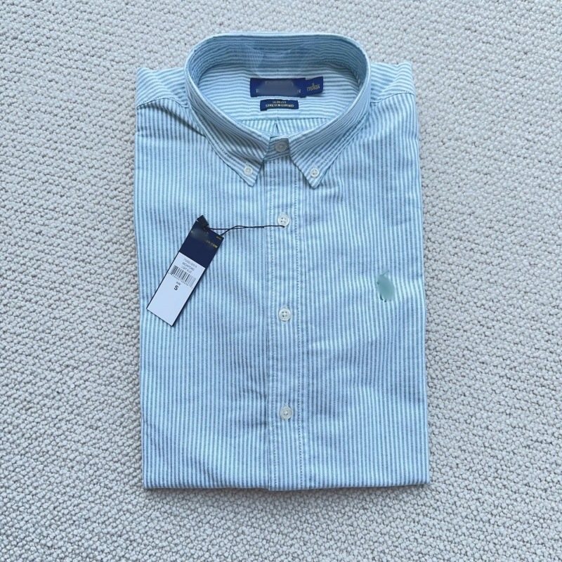 Camisa bărbătească în dungi, mâneci lungi, broderie cu logo ponei, guler cu nasturi, stil casual de afaceri