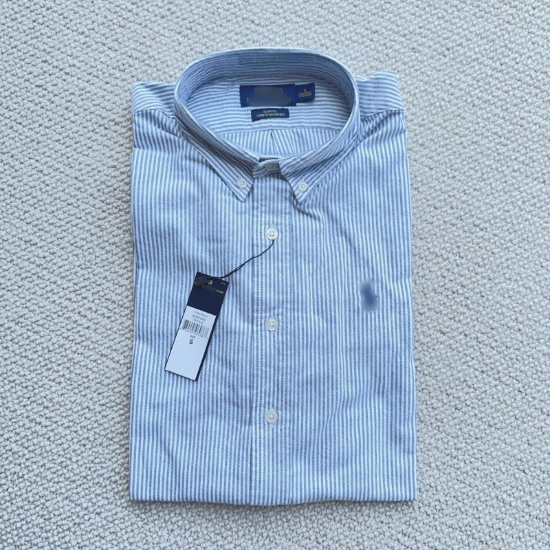 Camisa bărbătească în dungi, mâneci lungi, broderie cu logo ponei, guler cu nasturi, stil casual de afaceri