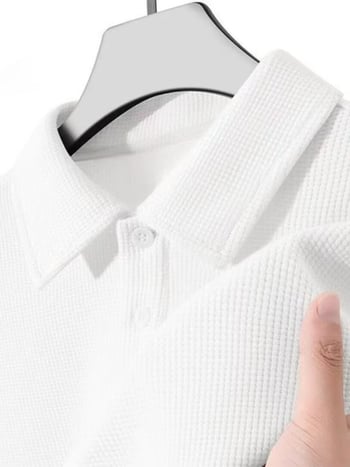 2025 nyári új férfi póló, waffel szövésű textúra, rövid ujjú, polo galléros