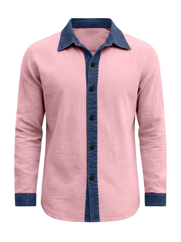 Cămașă bărbați cu mâneci lungi, rever color-block, stil casual de toamnă