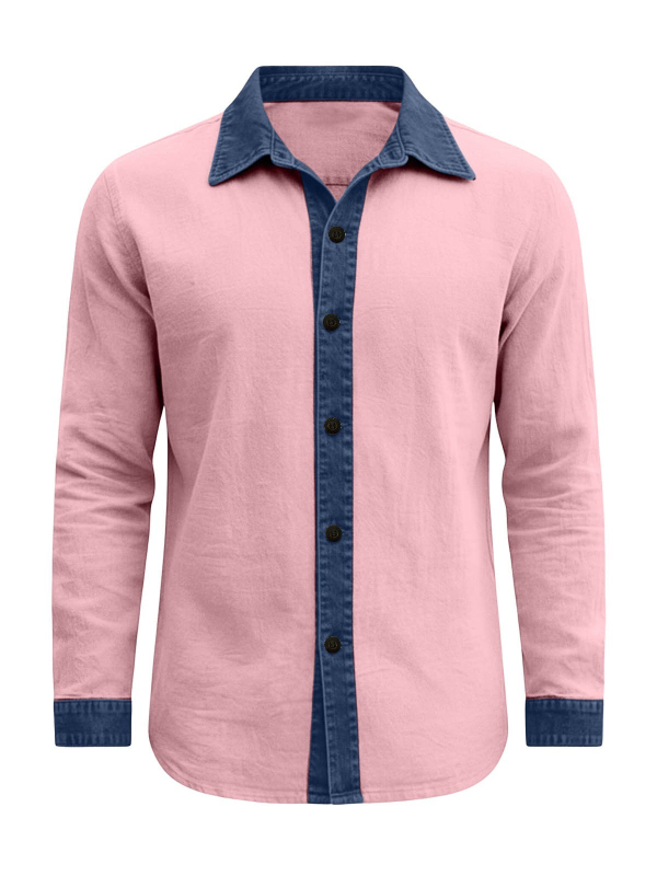 Cămașă bărbați cu mâneci lungi, rever color-block, stil casual de toamnă