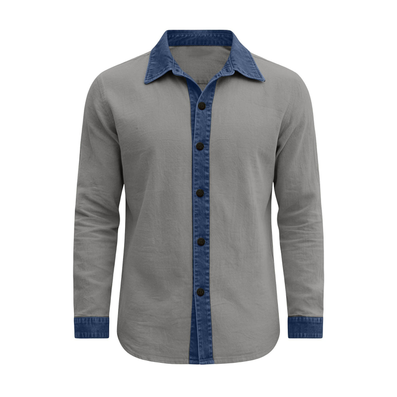 Cămașă bărbați cu mâneci lungi, rever color-block, stil casual de toamnă