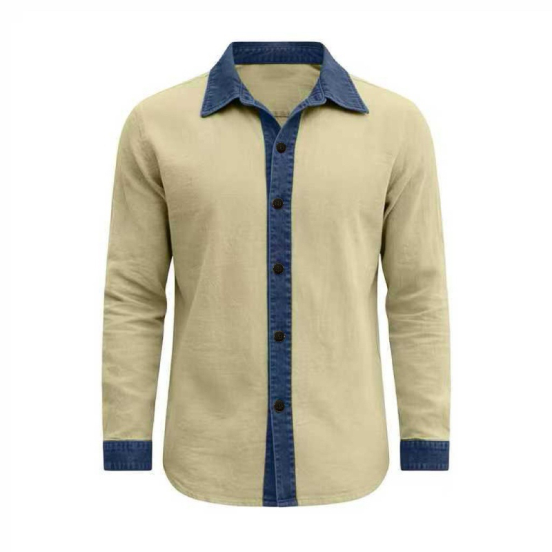 Cămașă bărbați cu mâneci lungi, rever color-block, stil casual de toamnă