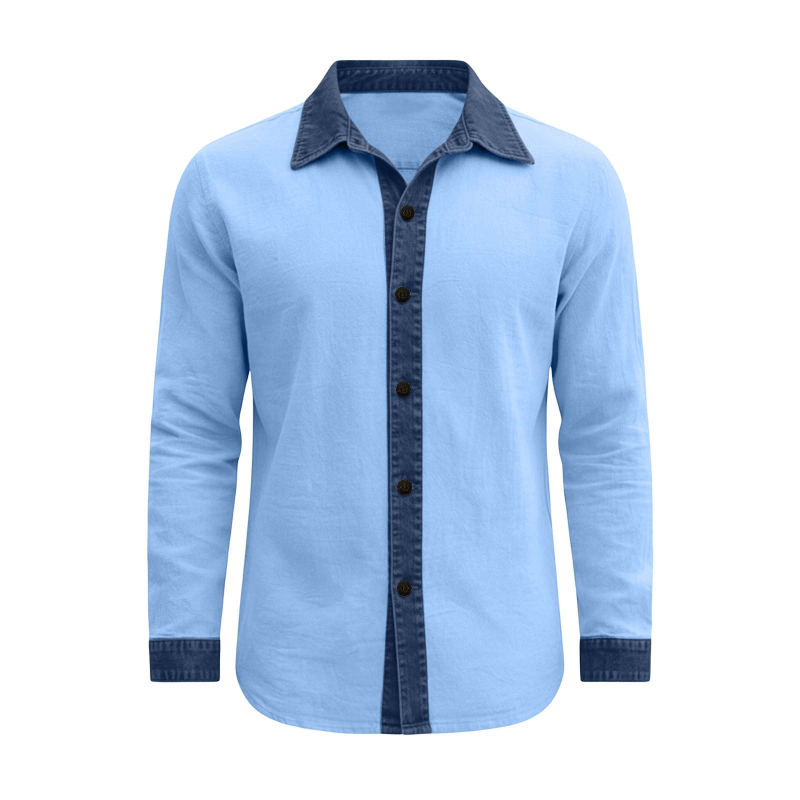 Cămașă bărbați cu mâneci lungi, rever color-block, stil casual de toamnă