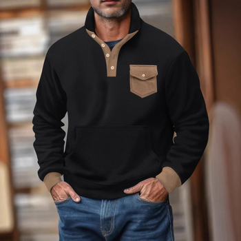 Férfi polár fleece polo felső, magas gallér, félgombos, hosszú ujjú, taktikai zsebek, kockás mintázat
