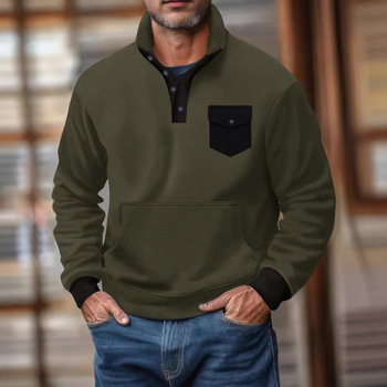 Férfi polár fleece polo felső, magas gallér, félgombos, hosszú ujjú, taktikai zsebek, kockás mintázat