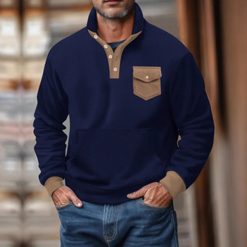 Férfi polár fleece polo felső, magas gallér, félgombos, hosszú ujjú, taktikai zsebek, kockás mintázat