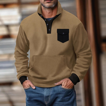 Férfi polár fleece polo felső, magas gallér, félgombos, hosszú ujjú, taktikai zsebek, kockás mintázat