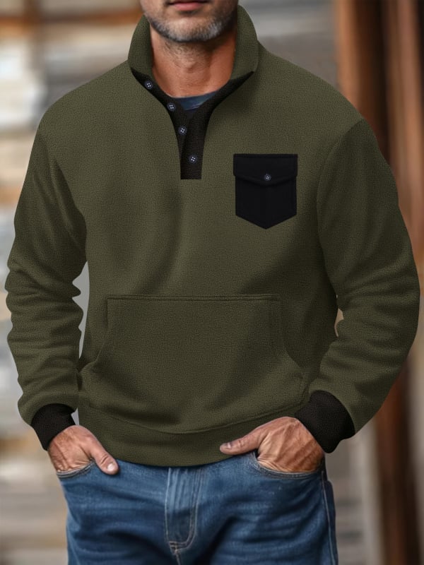 Férfi polár fleece polo felső, magas gallér, félgombos, hosszú ujjú, taktikai zsebek, kockás mintázat