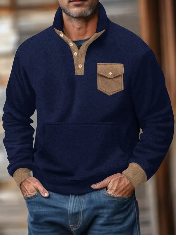 Férfi polár fleece polo felső, magas gallér, félgombos, hosszú ujjú, taktikai zsebek, kockás mintázat