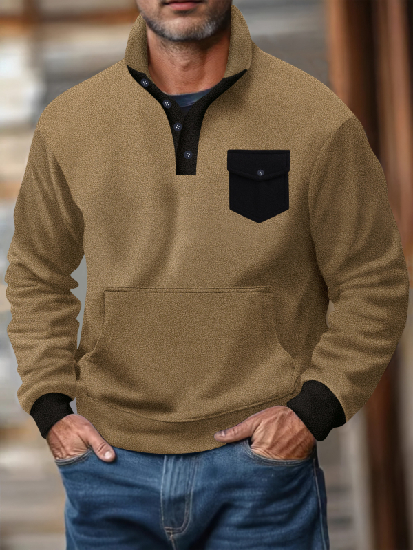 Férfi polár fleece polo felső, magas gallér, félgombos, hosszú ujjú, taktikai zsebek, kockás mintázat